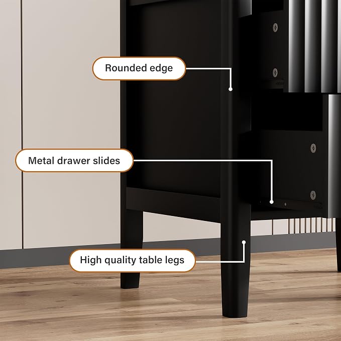 Furniway Nightstand Set of 2, Modern End Table with Solid Wood Legs, Bedside Table with 2 Drawers and Metal Handles for Bedroom, Black - Image 5
