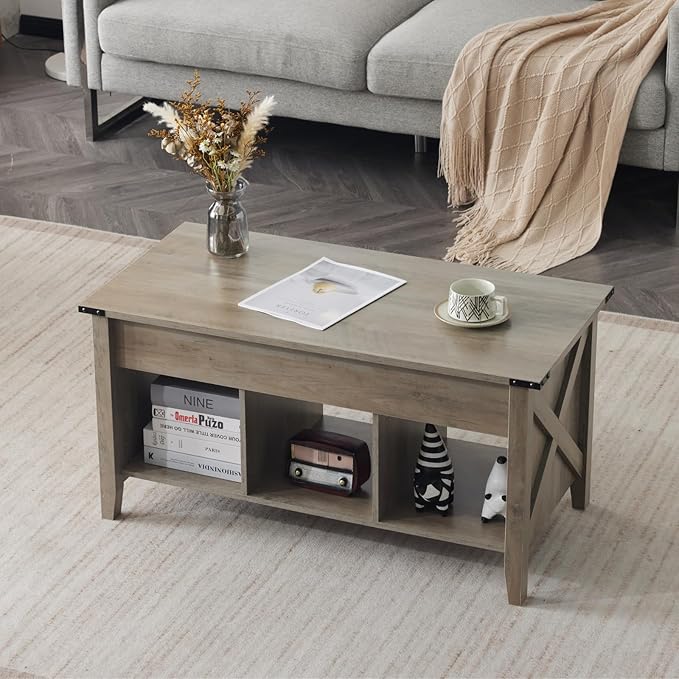 VINGLI Farmhouse Lift Top Coffee Table, Rustic Grey with Storage Shelf/Hidden Compartment, Mesa De Centro para Sala, Rustic Brown (Grey, 40" L)