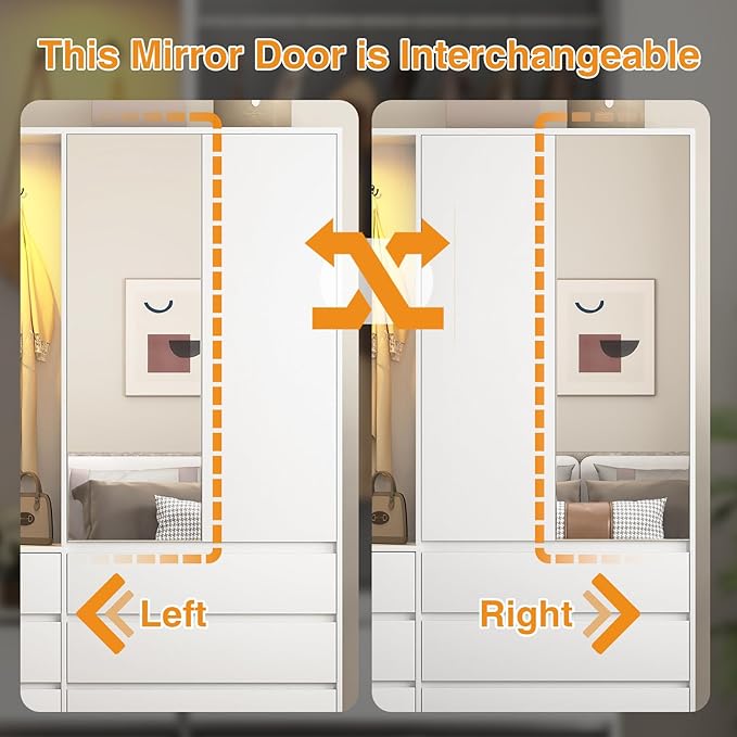 72'' Armoire Wardrobe Closet with Mirror Door & LED Lighting, Large Freestanding Modern Wooden 2 Doors Closet with 6 Drawers & 3 Storage Shelves & Hanging Rod & 2 Hooks for Bedroom (White)