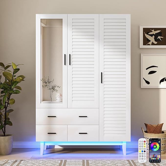 jiteentarou 3 Door Armoire Wardrobe Closet Cabinet with Drawers and LED Lights, Multi-Tier Shelves, Hanging Rod & 3 Louver Doors, Large Capacity Storage Wardrobe Armoire for Bedroom(3 Doors White)