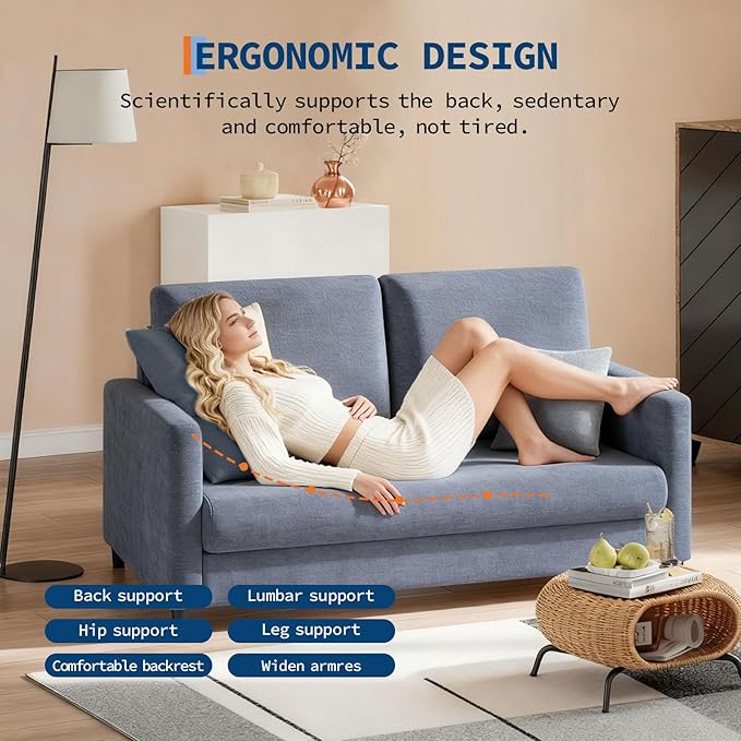 Garvee Loveseat Sofa, 52" Love Seat for Small Spaces, Mid Century Sofa Accent Chair, Solid Wood Frame, Tool-Free Assembly, Comfy Sofa Couch for Bedroom, Living Room, Blue Gray