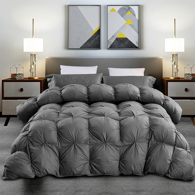 Luxurious Goose Down Feather Fiber Comforter Queen Size All-Season Duvet Insert, Premium Baffle Box, 100% Egyptian Cotton Cover, 65 oz Fluffy Fill Weight - Gray Pinch Pleat