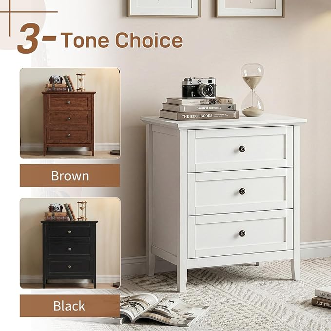 Karl home Farmhouse Nightstand with Charging Station, Wide End Table with 3 Large Drawers & Mental Handles, Wood Small Side Table of Drawers for Bedroom, Closet, White - Image 8