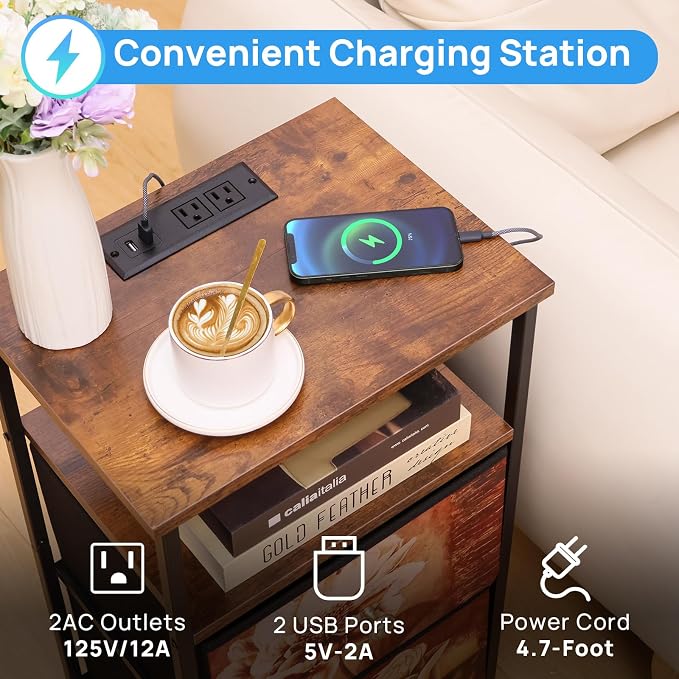 Nightstand with Charging Station, Led Bedside Tables with USB Ports & Outlets, End Table with 2 Fabric Drawers and Open Shelf, Side Table with Black Steel Frame for Bedroom, Rustic Style - Image 5