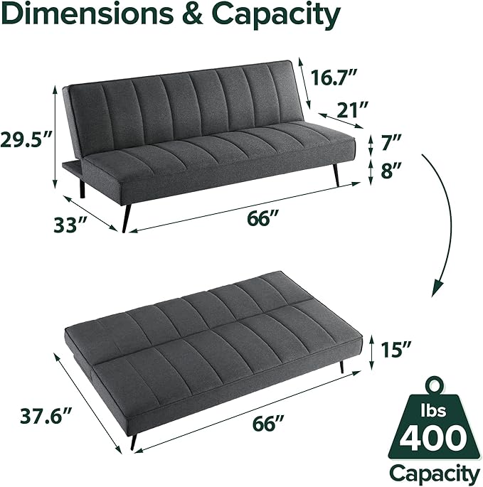 Zinus Quinn Sleeper Sofa, Convertible Sofa, Futon Sofa Bed, 2 in 1 Folding Sofa Bed for Apartments, Guest Rooms, and Compact Spaces