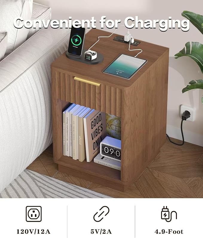 Akxomel Fluted Nightstands Set of 2, Wooden Night Stand with Charging Station and LED Light, Modern Mid Century End Table with Drawer, 15" D x 15.7" W x 22.6" H, for Bedroom, Walnut - Image 7