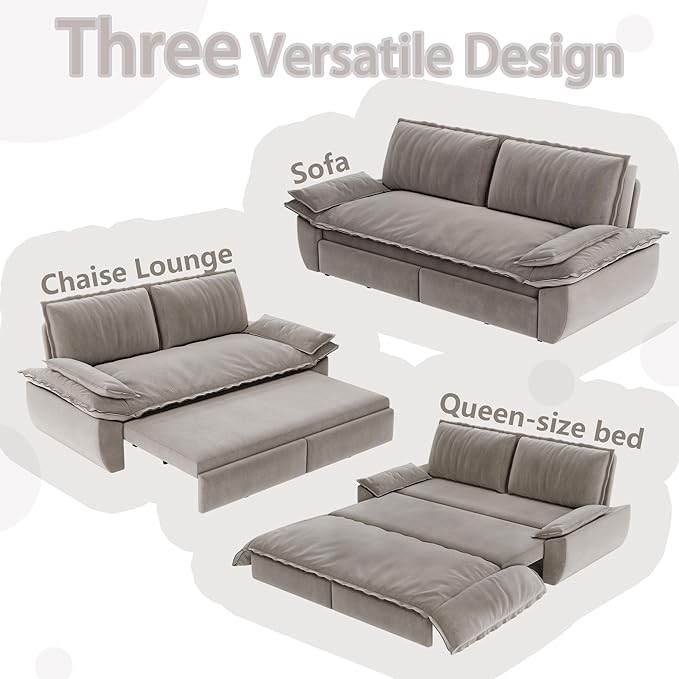 73.2" Queen Size Pull Out Sofa Bed, 3-in-1 Convertible Sleeper, Velvet Loveseat for Living Room, Apartment, Bedroom Small Spaces, Grey (Mattress & Bedding Not Included)