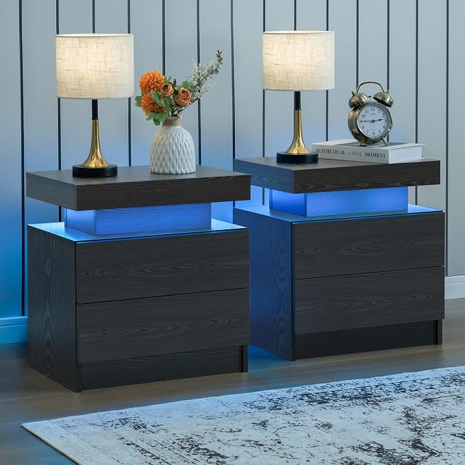 i-aplus Black Night Stand Set 2 Modern Bedside Tables with 2 Drawers Bedroom Night Stands Set of 2 LED Night Stand for Bedroom by Unknown