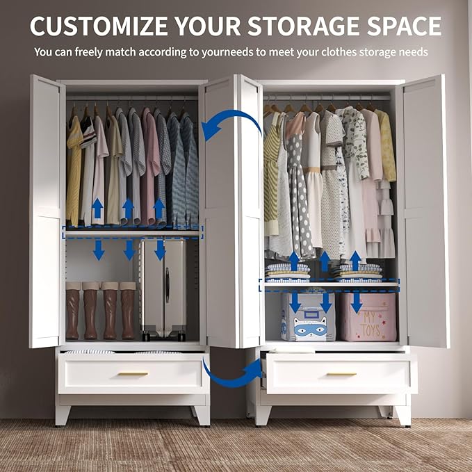 Steel Armoire Wardrobe Closet, 71" Metal Clothing Storage Cabinets with 2 Doors, 1 Drawer and 1 Adjustable Shelf, White Wardrobe Cabinet with Hanging Rod for Bedroom, Gym