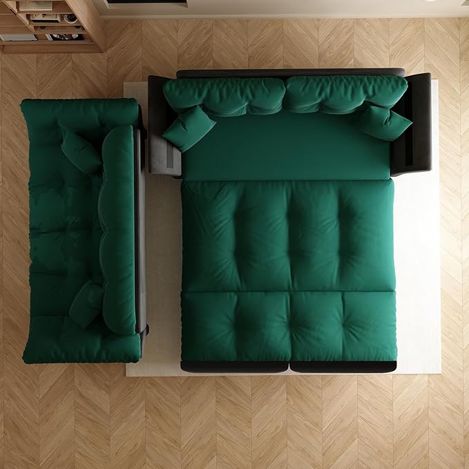 74.8" Queen Size Pull Out Sofa Bed, 3-in-1 Convertible Sleeper with 2 Pillows, Tufted Velvet Loveseat for Living Room, Apartment, Bedroom Small Spaces, Green | 3-in-1 Convertible, Pull Out Sofa Bed, Velvet Sofa Bed