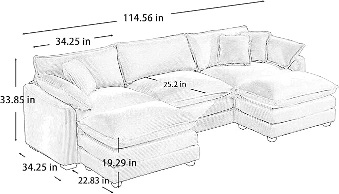 KEIKI 115" U-Shaped Oversized Corduroy Modular Sectional Sofa with 2 Ottoman, High-Density Foam Cushions, Removable Armrests, Upholstered 3-Seater Corner Couch with 5 Pillow, for Living Room, Beige