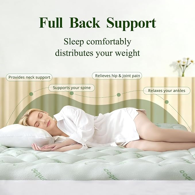King Mattress Topper, Viscose Derived from Bamboo Thick Pillow Top Mattress Pad with Deep Pocket, Naturally Cooling for Hot Sleepers, Soft for Back Pain Relief, Premium Green