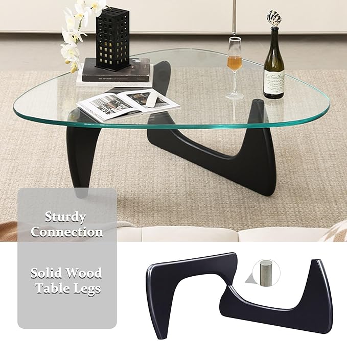 Black Coffee Table for Living Room, Small Coffee Tables, Mid Century Modern Coffee Table with Glass Top, Funky Unique Center Tables for Bedroom Reception Office