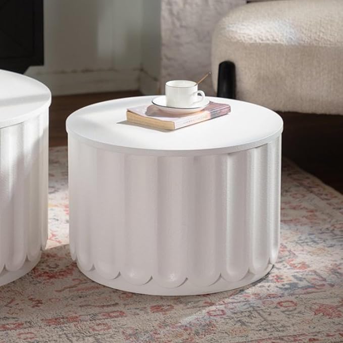 kevinplus 46.46'' White Round Coffee Table Set of 2 with Storage Space & Lift-Off Lid, Modern Circle Fluted Drum Nesting Coffee Table for Living Room, No Assembly, White