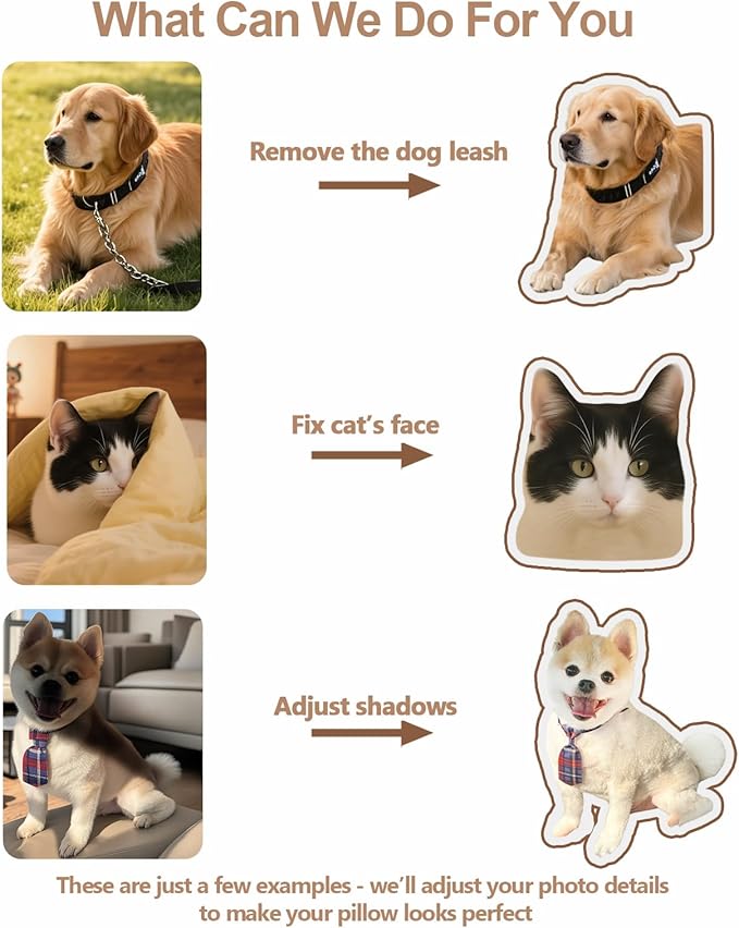 Custom Pet Pillow with Picture, Personalized Photo Dog Cat Face Shaped Pillow, Customized Stuffed Animal Pictures Pillows Memorial Loss Sympathy Gifts - 12"