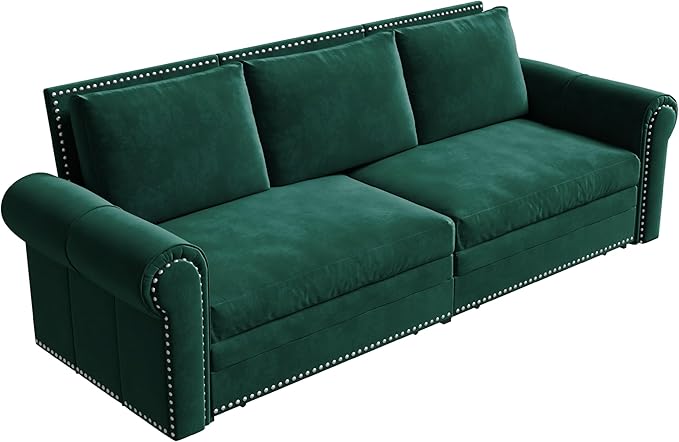 Ball & Cast 3-in-1 Convertible Sofa Bed,93.7" Velvet Pull Out Couch Bed King Size, Loveseat Sleeper Sofa with Nailhead Trim & Rolled Arm,Multi-Functional Sofa Couches for Living Room,Green