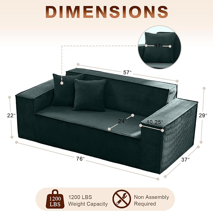 Corduroy Cloud Couch with Pillow, Premium Memory Foam, No Assembly Required, Deep Seat Sofa in Box, Space-Saving Chair for Home, Living Room, Bedroom, Apartment, Office, 3-Seater, Dark Green
