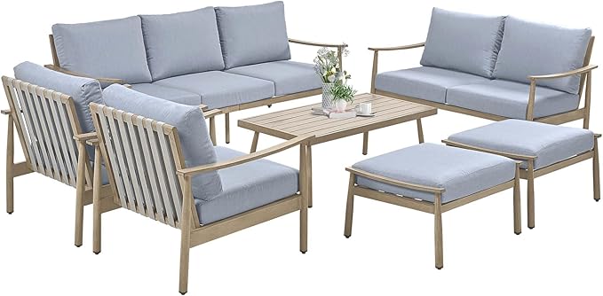 HAPPATIO Patio Outdoor Furniture Set - 7 Pieces Aluminum Outdoor Conversation Set Includes 1 Three-Seater Sofa, 1 Coffee Table, 1 Loveseat, 2 Armchairs and 2 Ottomans for Porch, Yard, Lawn (Brown)