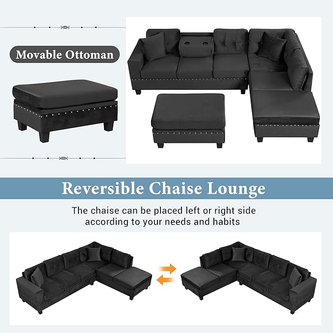 Ball & Cast L-Shape Sectional Couch with Storage Ottoman,105" Couches for Living Room W/ 2 Pillows & Cup Holders,6 Seat Velvet Sleeper Sofa W/Reversible Chaise,Comfy Couches for Apartment,Black