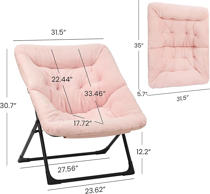 Comfy Saucer Chair for Adults, Soft Faux Fur Bedroom Chair, Accent Dorm Chairs, Flexible Living Room Reading Chairs, Oversized Folding Seat for Teens, X-Large, Light Pink