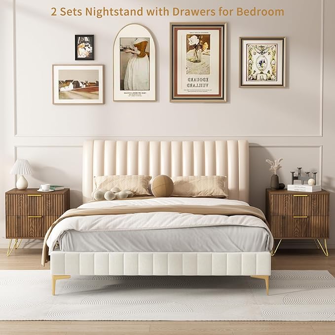 9 Drawer Dresser and Nightstand Sets for Bedroom, 3 Pcs Bedroom Set，Night Stand Set of 2 & 9 Drawer Dresser with Gold Handles, Modern Wood Chest of Drawers Storage Cabinet Set, Natural