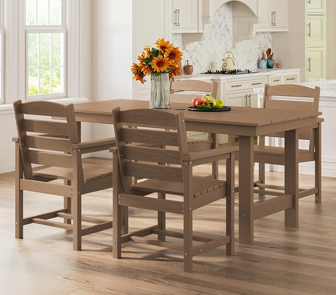 SERWALL Patio Dining Table Sets 5-Piece, Outdoor HDPE Dining Furniture Set with Umbrella Hole Cut-Out Table and 4 Chairs, All Weather Dining Set for Lawn, Garden, Backyard, Poolside, Brown - Image 7