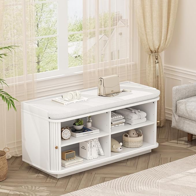 Hall Tree with Bench and Shoe Storage, Entryway Bench with Sliding Door Cabinet, Removable Padded, Metal Wall Hooks and Adjustable Storage Compartments, for Entry, Hallway, Living Room, White - Image 8