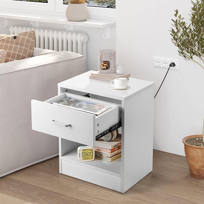 Karl home Nightstands Set of 2 with Drawer for Bedroom, Wood Night Stand Set 2 with Open Shelf, Modern Nightstand Bedside Tables Set of 2, End Table, White - Image 9