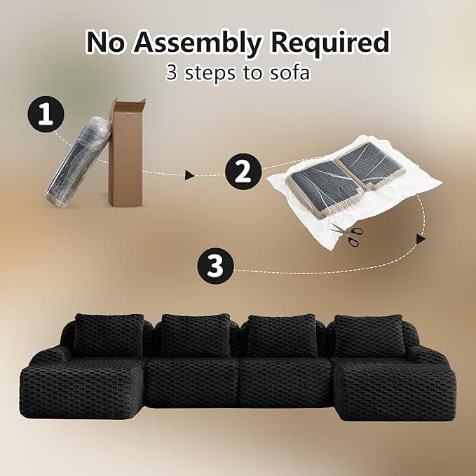 146" U-Shaped Compressed Sectional Cloud Sofa, Flannel Upholstered Modular Deep Seat Sofa with 6 Pieces, Symmetrical Boneless Foam Modular Cloud Couches for Living Room