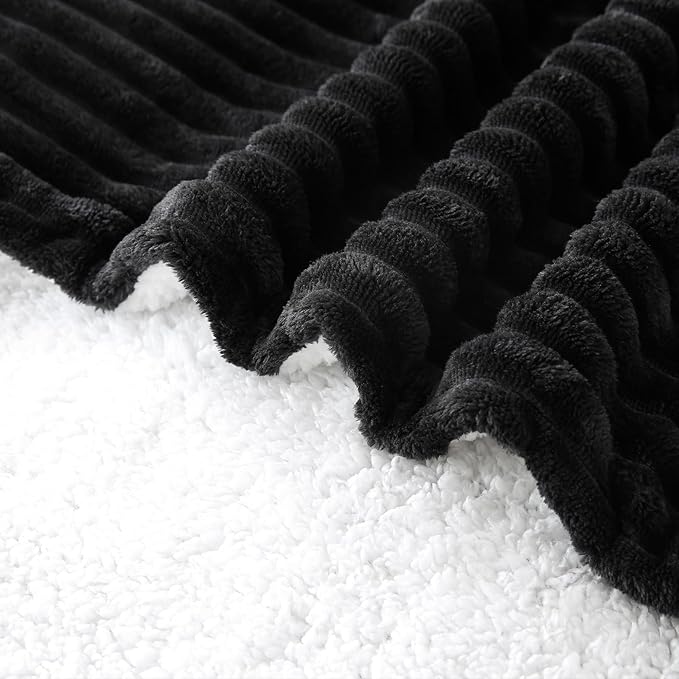 Black Sherpa Fleece Throw Blanket 108”×90” for Couch Sofa Bed,Super Soft Cozy Plush Double Side Thick Flannel Blanket with Striped Design Lightweight for Adults,Woman,Girls