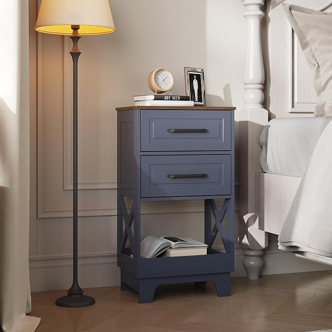 Tall Nightstand Set of 2 Side Table Modern Night Stand with 2 Drawers Wooden Rustic End Table Bedside Table with Upper Open Shelf Solid Feet for Bedroom Navy Blue+Walnut - Image 8