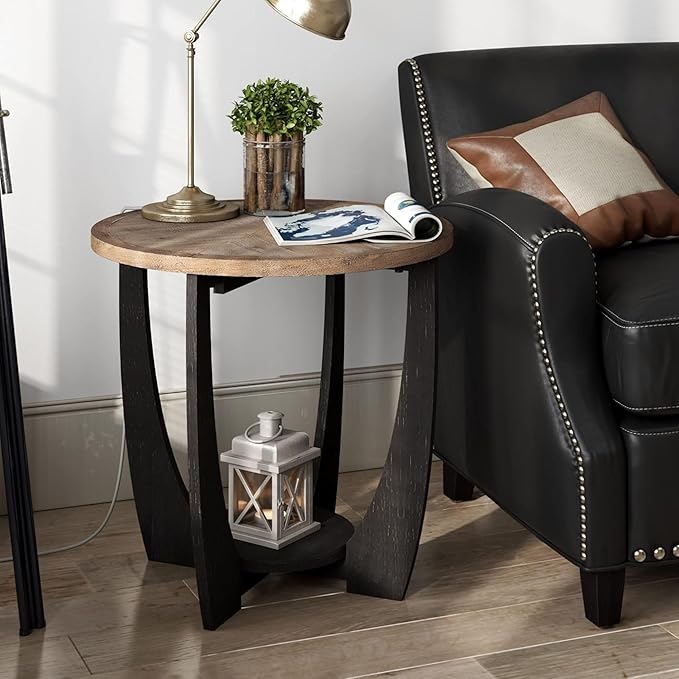 COZAYH Rustic Farmhouse End Table with Storage Shelf, French Country Modern Round Accent Side Table for Small Spaces, Wood Top & Black Base
