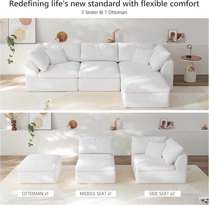 108" Modular Sectional Sofa Boneless Cloud Couch for Living Room, L Shape Deep Seat Recliner Sofa with Ottoman, Adjustable Backrest & 2 Throw Pillows - Covers Washable, (White, 3 Seater+1 Ottoman)