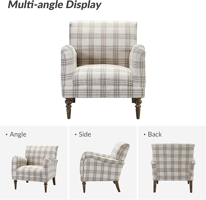 HULALA HOME Modern Accent Chair with Arms and Wooden Legs, Comfy Upholstered Armchair for Living Room, Bedroom (Plaid Pattern, Tan)