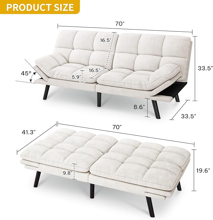 DWVO 70" Convertible Futon Sofa Bed, Folding Futon Set for Living Room Home Office Aprtment, Modern Futon Couch with Adjustable Backrest & Armrests, Recliner Lounge, Loveseat Sofa