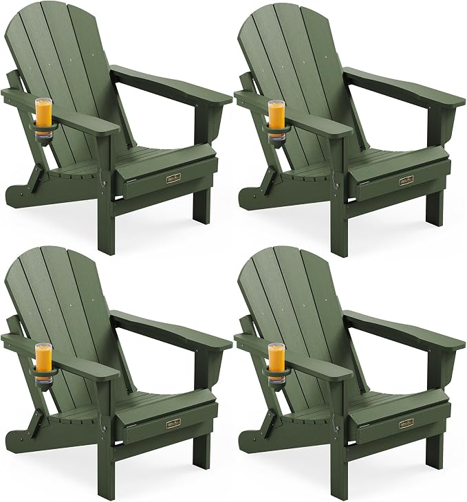 SERWALL Adirondack Chair Set of 4, Weather Resistant HIPS Patio Chairs with Cup Holder for Patio Garden Outdoors Fire Pit- Army by SERWALL