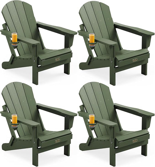 SERWALL Adirondack Chair Set of 4, Weather Resistant HIPS Patio Chairs with Cup Holder for Patio Garden Outdoors Fire Pit- Army by SERWALL