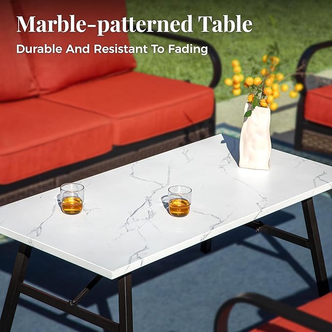 Patio Furniture Set with Coffee Table, Outdoor Conversation Set with 2 x Fixed Chairs, 2 x Swivel Chairs, 1 x 3-Seat Sofa for Lawn Garden Backyard, Red