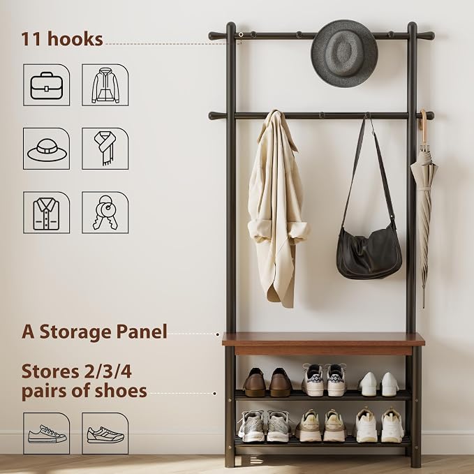 Coat Rack with Shoe Storage, Wood and Metal Frame, Entryway Hall Tree with Bench, Featuring 11 Hooks and 2-Tier Storage Shelves, 3-in-1, Entry Bench with Coat Rack (31.5" Walnut) - Image 4