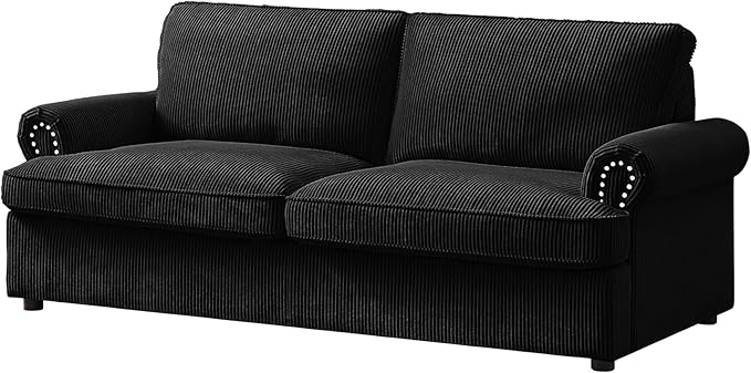 Reversible Sleeper Sofa Bed with Comfortable Memory Foam Mattress, Convertible Corduroy Full Size Pull Out Couch for Living Room, Space Saving Furniture, 76" Wide, Rounded Arms, Black