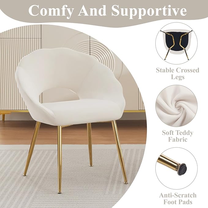 Modern Vanity Chair, Living Room Chair with Gold Metal Legs,Velvet Dining Chair, Comfy Accent Chair for Makeup Room, Waiting Room, Dressing Room, Bedroom, Dining Room, Home Office (1, Beige)