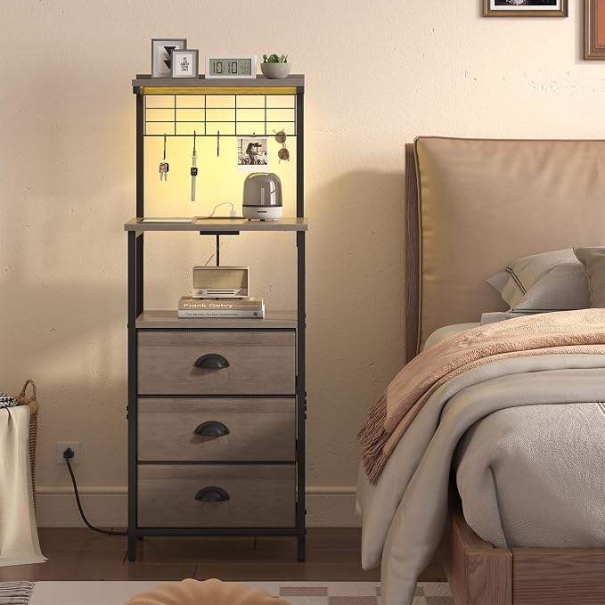 sthmec Bedside Tall Nightstands with Charging Station, LED Bedside Table for Bedroom - 3 PU Fabric Drawers, Hooks, USB/Type-C Ports & Open Bedside Shelves, Grey - Image 6