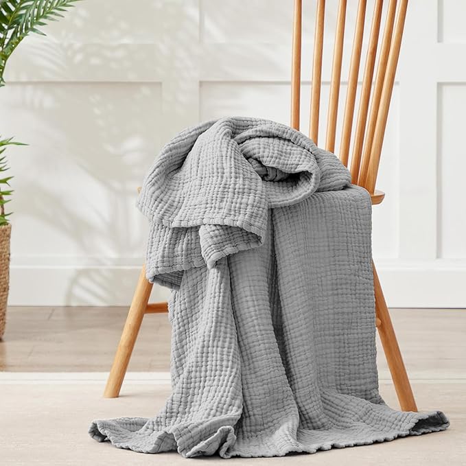 100% Cotton Muslin Blanket Queen 90" x 90", Breathable and Lightweight Cotton Throw Blanket for Bed, Soft Cooling Summer Gauze Blanket for Adults All Season, Light Grey