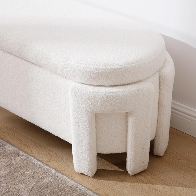 50" Ottoman Storage Bench, Modern End of Bed Bench with Upholstered Seating, Comfy Cute Oval Entryway Bench for Living Room/Bedroom/Entrance/Hallway, Sherpa White - Image 8