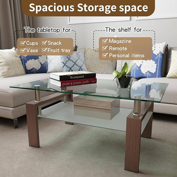 39.4'' Rectangle Glass Coffee Table, Brown Coffee Table with Tempered Glass & Metal Legs, 2-Tier Modern Center Table with Storage Shelf, Clear Glass Coffee Tables for Living Room, Apartment, Office