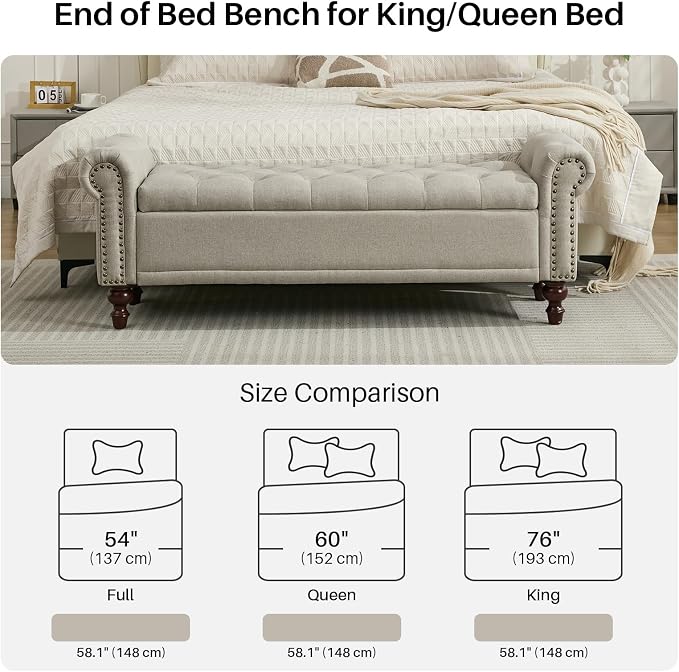 SOFTHION 58.1" Storage Bench Upholstered Linen End of Bedroom Bed Bench Ottoman with Tufted Cushioned Rolled Arm Large Storage Space for Reading Living Room Entryway, Light Brown - Image 5