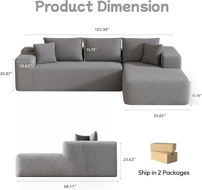 104” Sectional Cloud Couch, L-Shape Compressed Sofa with Left Chaise Lounge, Modular Cloud Couch with 2 Pillows & Deep Seat, Rain Drop Velvet Floor Sofa for Living Room, Light Gray