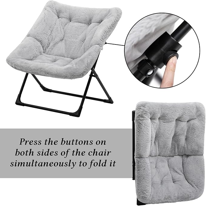 HollyHOME Comfy Oversized Saucer Chair, Extra Large Folding Lounge Chair for Adults, Foldable Accent Lazy Chair for Living Room, Bedroom, Dorm, Collapsible Reading Chair for Teens Kids, X-Large,Grey