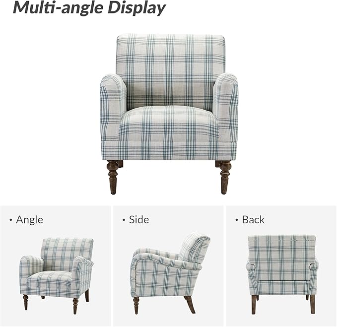 HULALA HOME Modern Accent Chair with Arms and Wooden Legs, Comfy Upholstered Armchair for Living Room, Bedroom (Plaid Pattern, Blue)