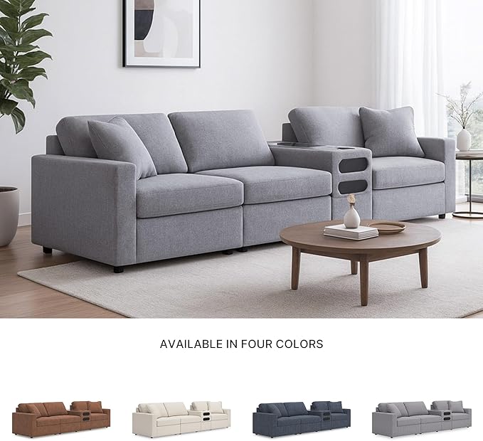 Signature Design by Ashley Modmax Casual Modular Stain Resistant 4-Piece Sectional with Audio Console, Drawer Storage, USB Ports and 2 Accent Pillows, Gray